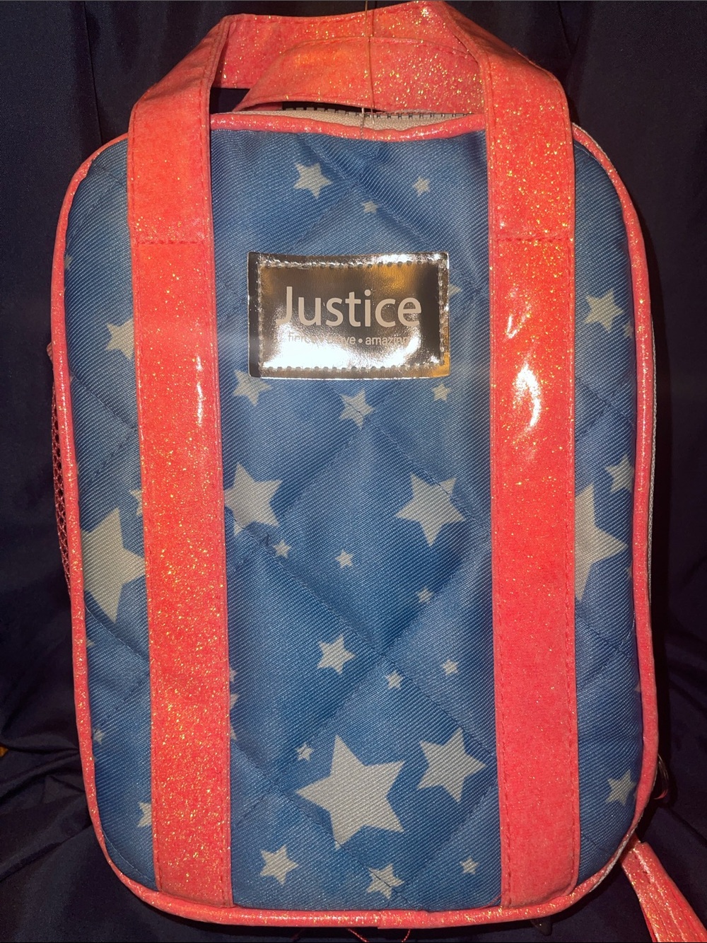 Justice Blue Star Lunch Bag with Coral Glitter Straps